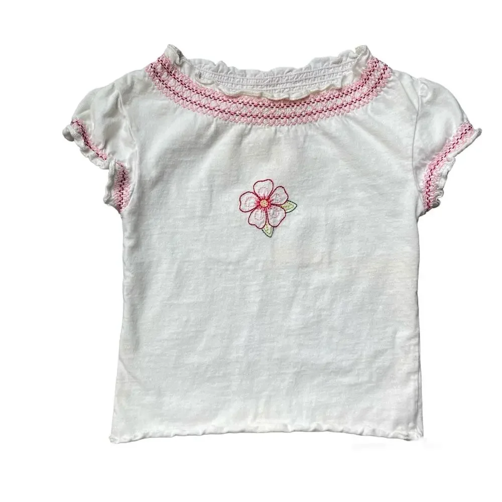 Baby GAP Infant 6-12 Months White Short Sleeve Elastic Smocked Flower Top Tee